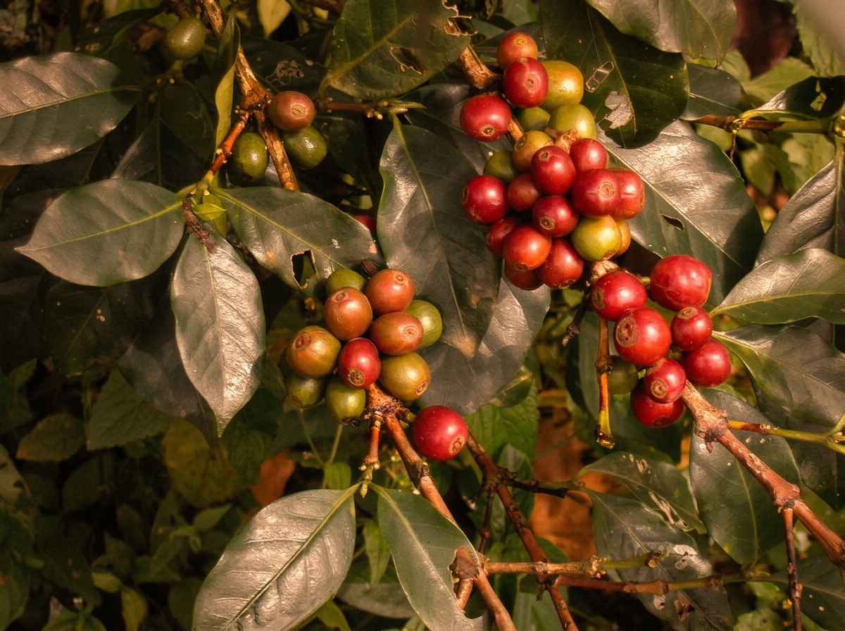 Reife Kaffeekirschen am Zweig im äthiopischen Waldgarten