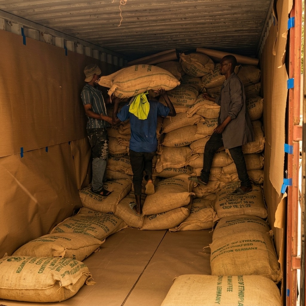 Träger verladen die 60-kg-Kaffeesäcke von Hand